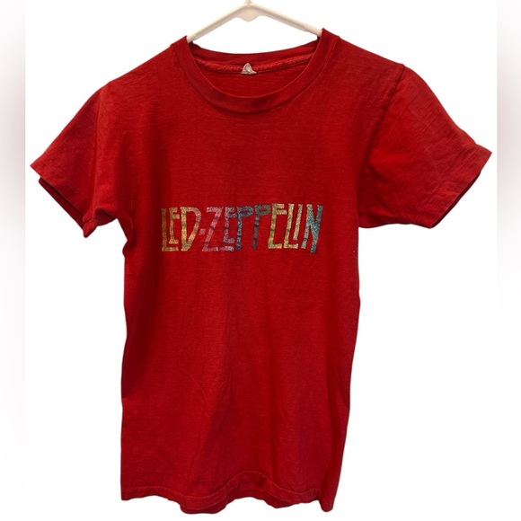 COOL Vintage 1970s Rainbow Glitter Led Zeppelin Red T Shirt Sz S/M* Unisex - Picture 1 of 11